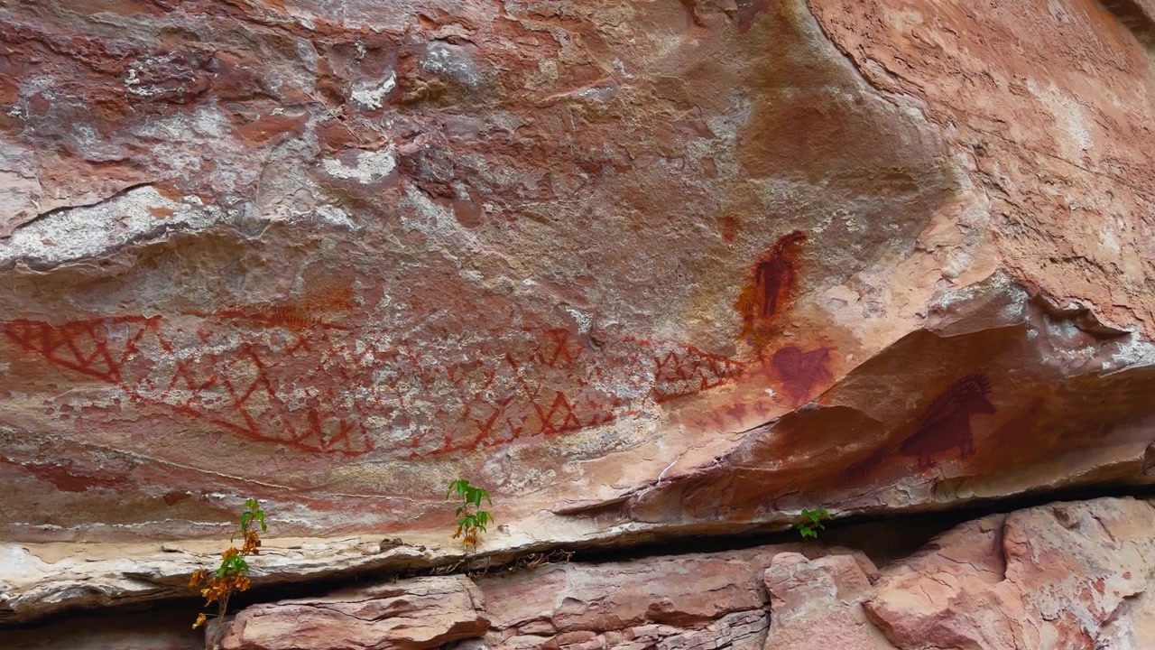 Patrones geométricos de pictogramas rojos, peces grandes o reptiles pintados sobre la superficie de un techo de arenisca erosionada.