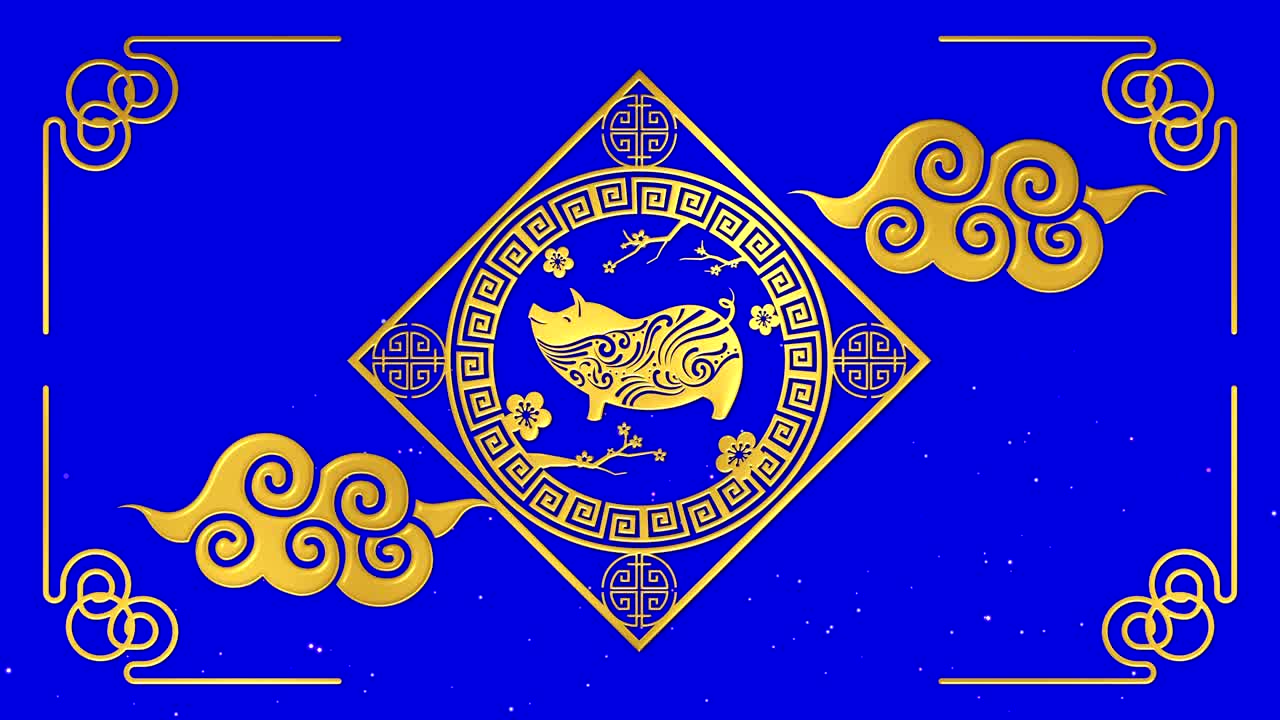 Chinese happy new year 2019 with year of the pig zodiac on blue background looped for keying