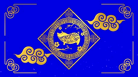 chinese happy new year 2019 with year of the pig zodiac on blue background looped for keying