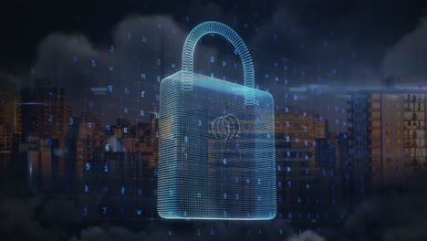 animación del candado de seguridad en línea y procesamiento de datos sobre el paisaje urbano