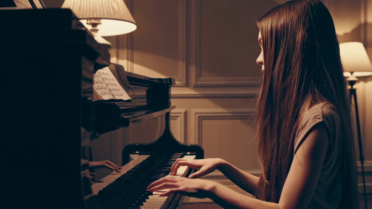 Young Girl Playing Piano at Home