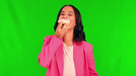 Face,-green-screen-and-woman-with-a-donut