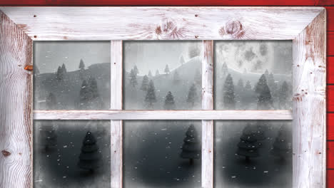 Wooden-window-frame-against-snow-falling-over-multiple-trees-on-winter-landscape