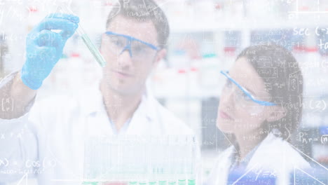 scientists examining test tube with chemical formulas animation over laboratory background