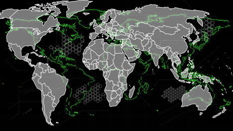 animation of world map with green digital network lines and hexagonal patterns