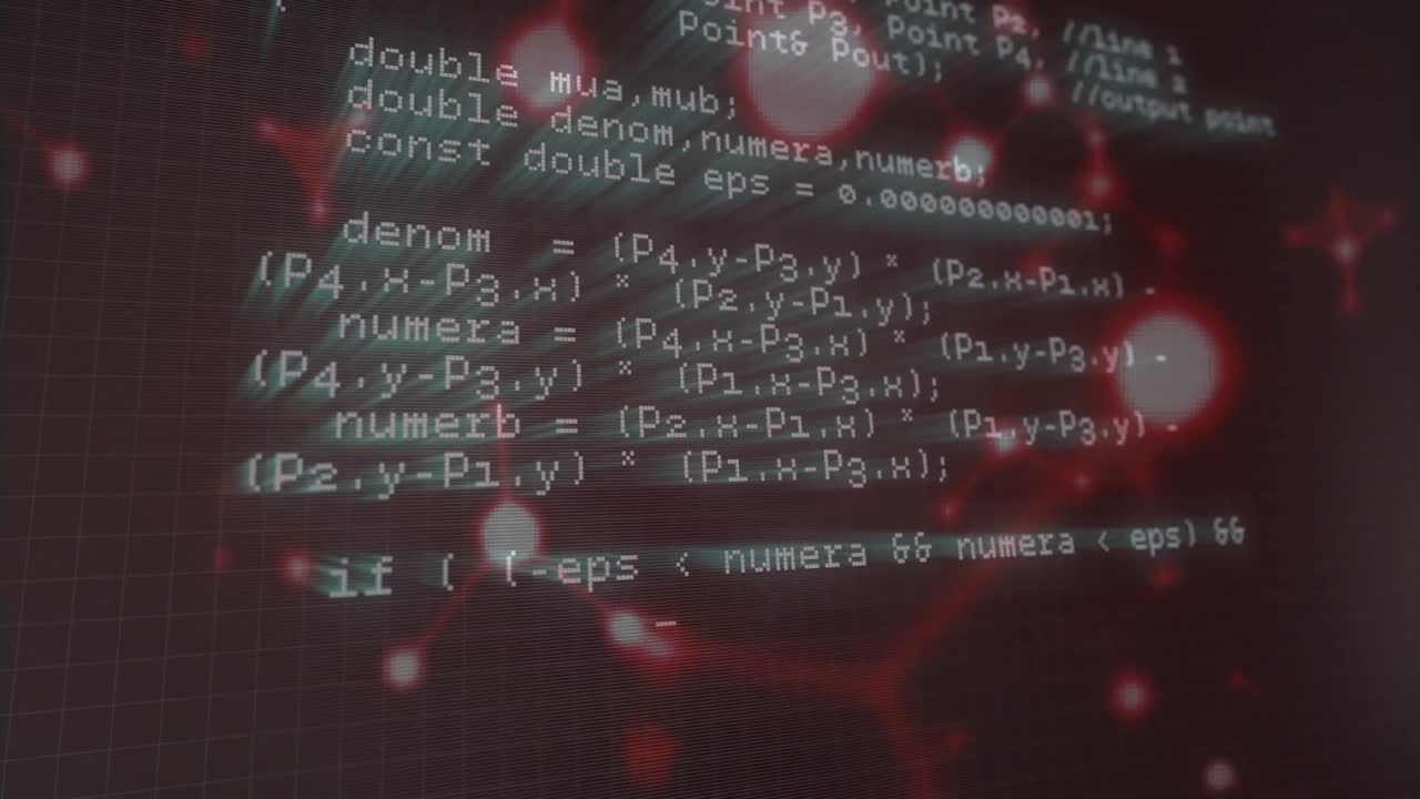 로딩 시, 네트워크 그래프 시각화를 위한 C++ 교차 로직 코드가 위로 스크롤되며 나타납니다.