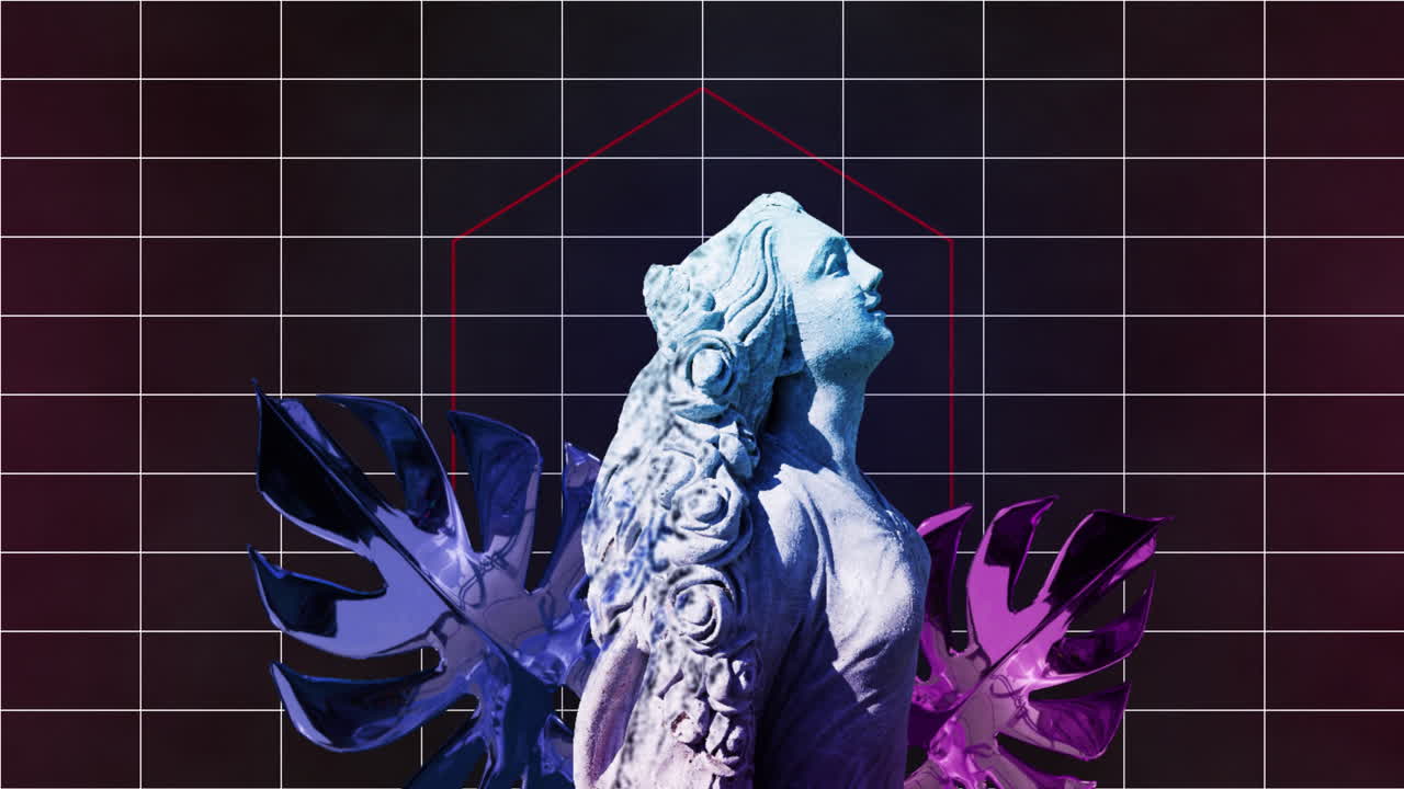 검은색 배경 위에 그리드 패턴을 가진 잎 위의 여성 동상 애니메이션