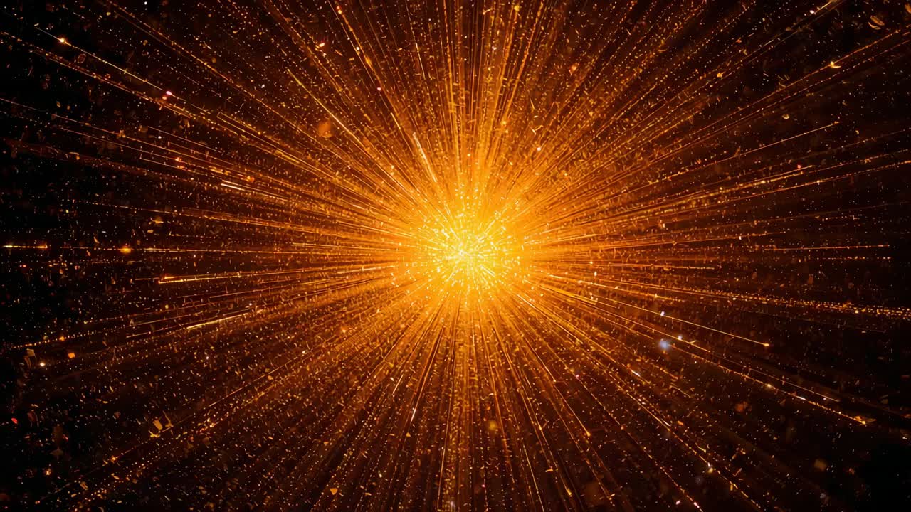 Brightening orange core emitting long radial streaks across dark space, particles trailing out