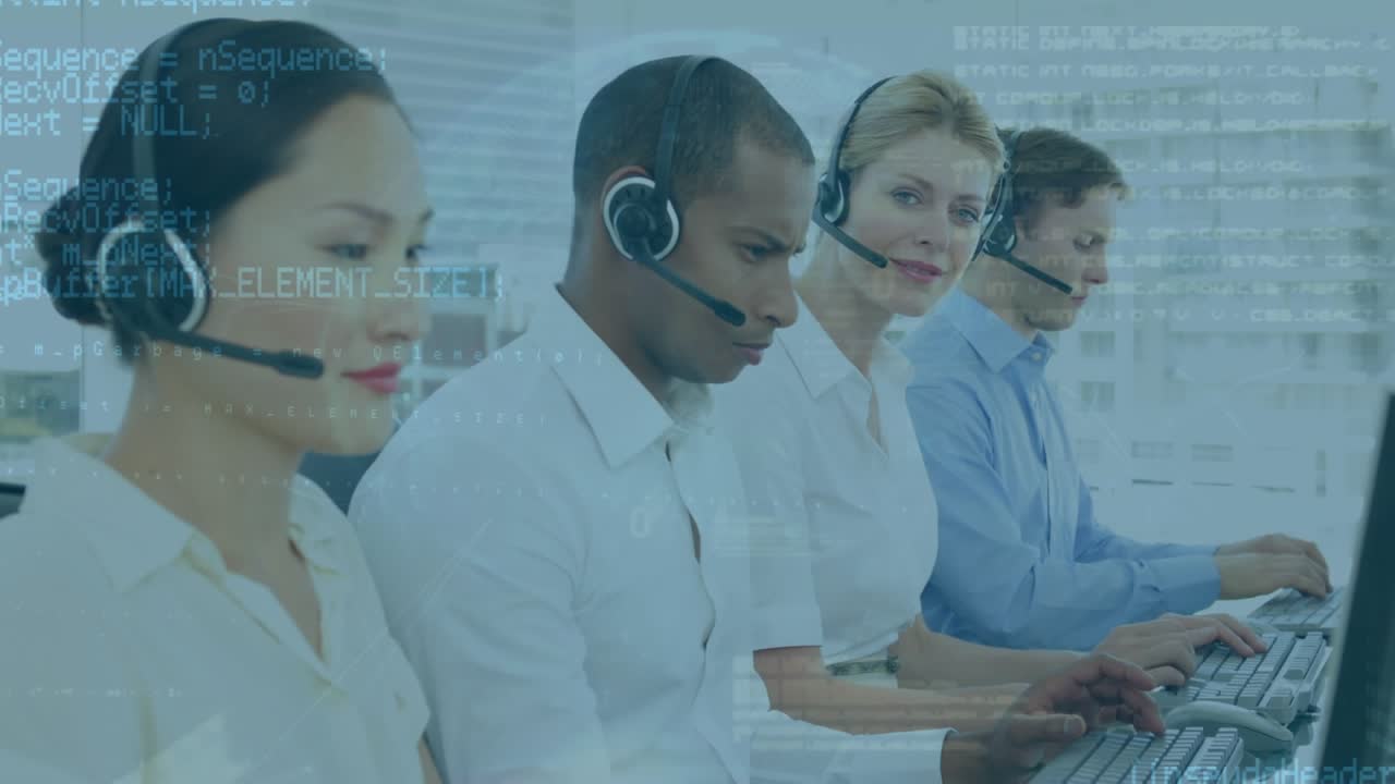 Animation of data processing over team of diverse customer care executives working at office