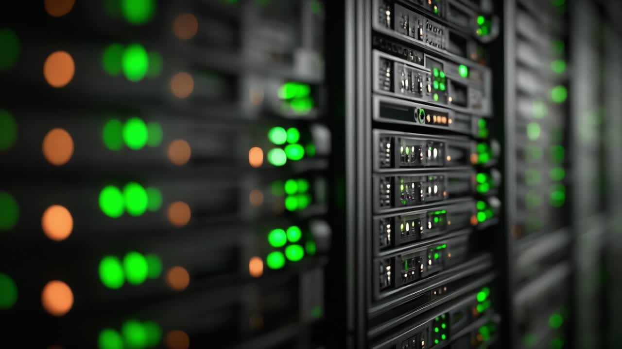 A Detailed Look at a Server Rack Featuring Advanced Hardware and Illuminated Indicators Capturing the Essence of Modern Data Storage Technology