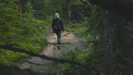 A-women-are-hiking-in-the-woods-of-Banff-National-Park-in-Canada,-on-the-Helen-Lake-Trail