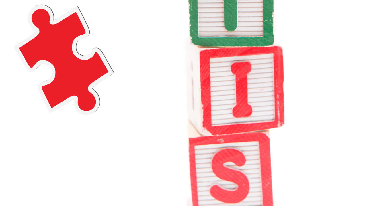 나무 블록에 있는 자폐증 텍스트 위에 떨어지는 빨간색과 노란색 퍼즐의 애니메이션