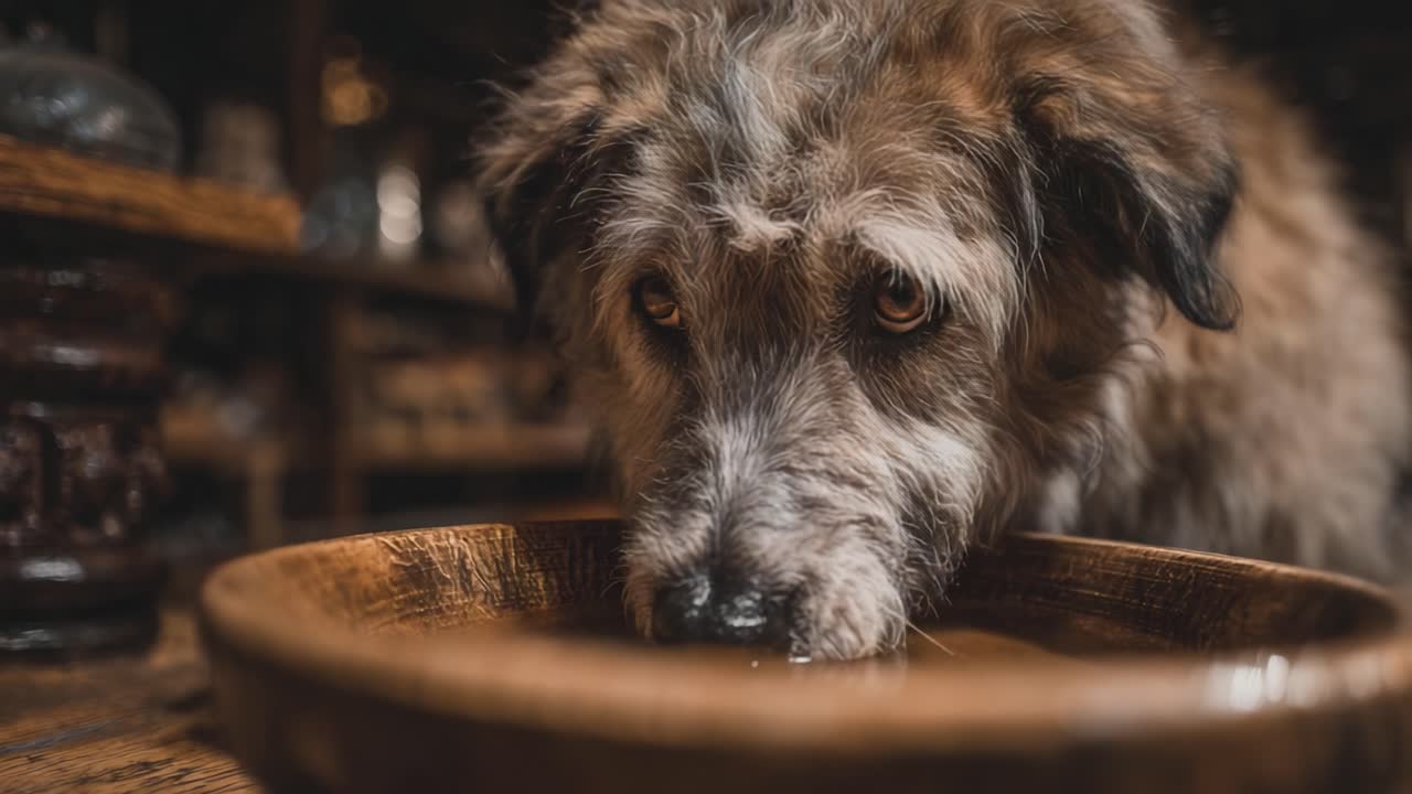 A Playful Yet Reflective Moment Captured: A Charming Dog Intently Drinking from a Rustic Bowl Surrounded by a Warm, Inviting Atmosphere