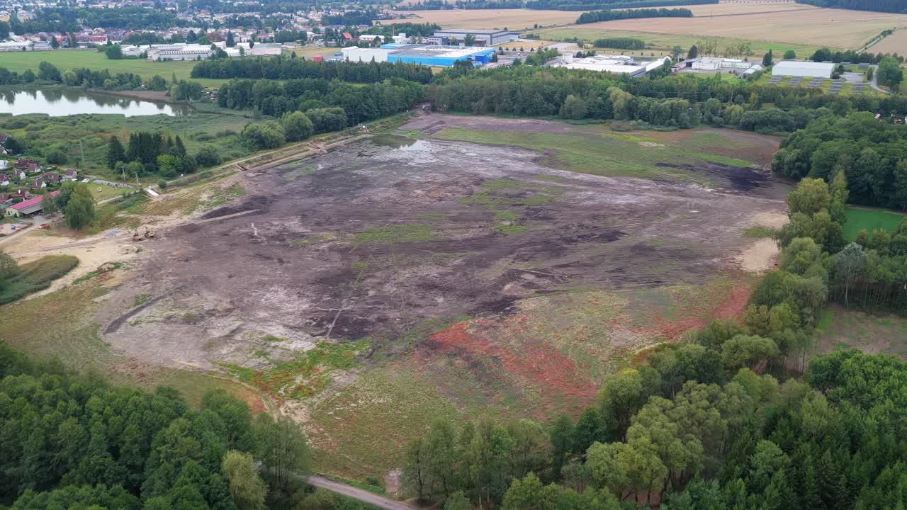 The drained Rosnička pond in Svitavy. Drone view of the revitalization process. Czech Republic