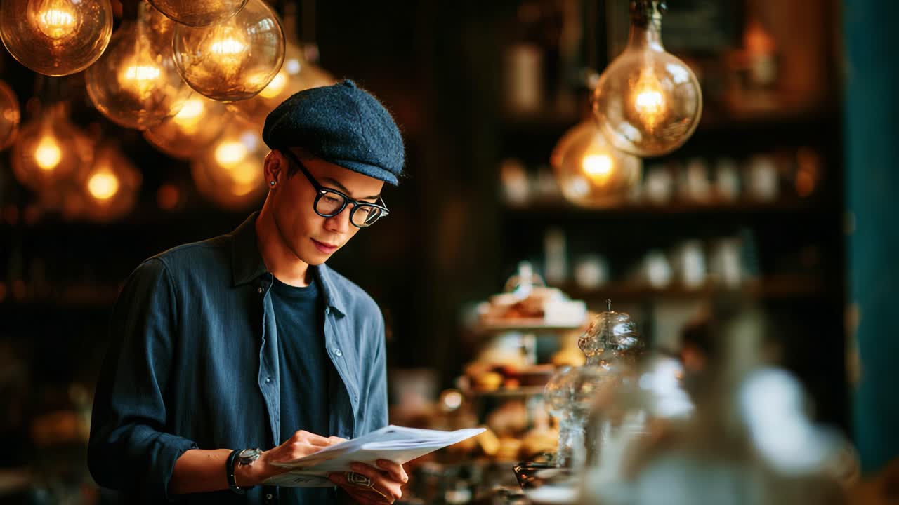 A Thoughtful Young Man in a Warm Cafe, Engaged in Reading and Reviewing a Document Amidst Cozy Lighting and Artisan Decor, Capturing the Essence of Modern Relaxation and Focus
