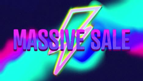 Animation-of-massive-sale-text-in-purple-letters-over-neon-lightning-over-multi-coloured-background