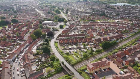 aerial view of a suburban town with residential housing and infrastructure
