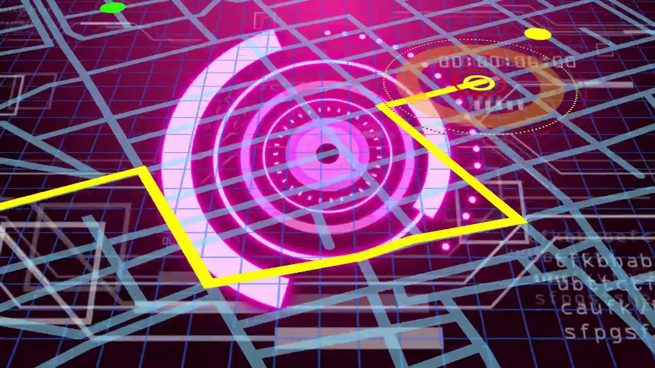 Yellow route line emerging left, sparking central neon HUD pulsing and connecting nodes for nav