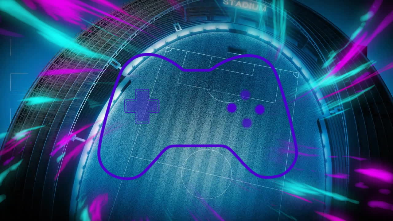 Controller di gioco con animazione su luci al neon vivaci e sfondo astratto