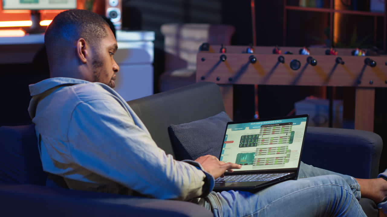 Vertical Video Economic researcher checking monthly balance online on laptop