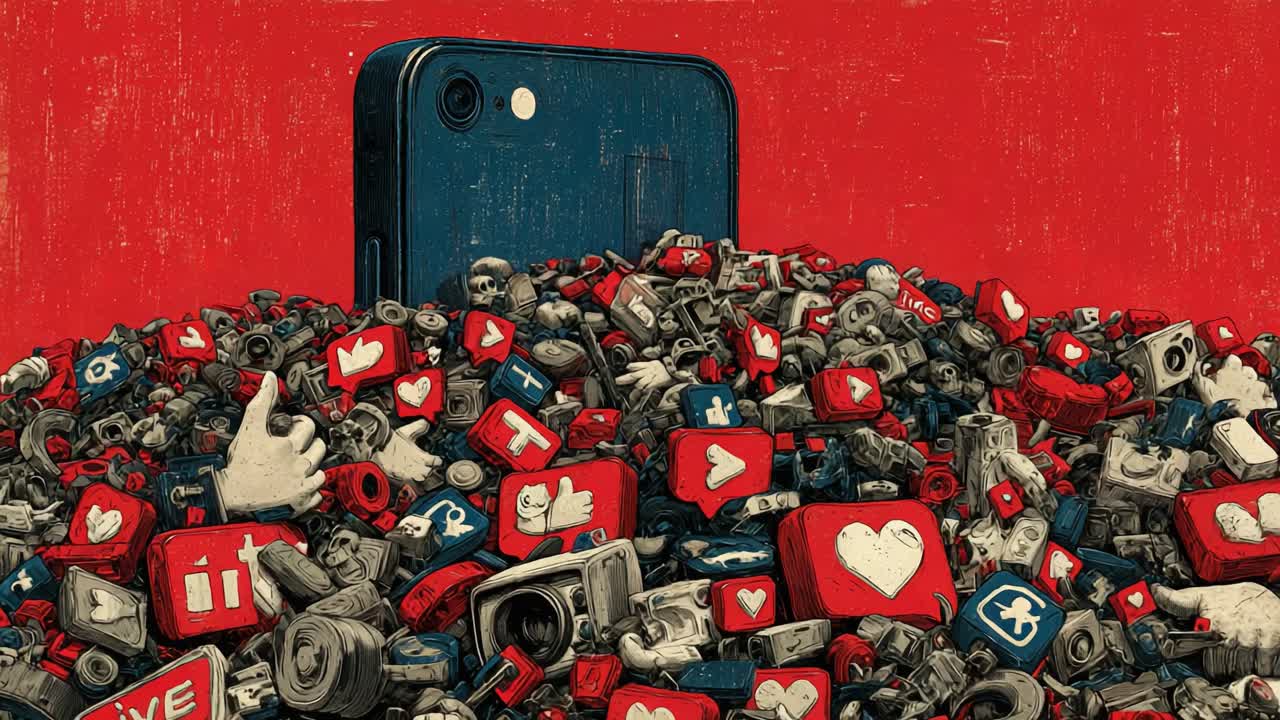 Amidst the Chaos of Digital Overload: A Smartphone Emerges from a Sea of Social Media Icons and Mechanical Detritus Symbolizing Modern Connectivity