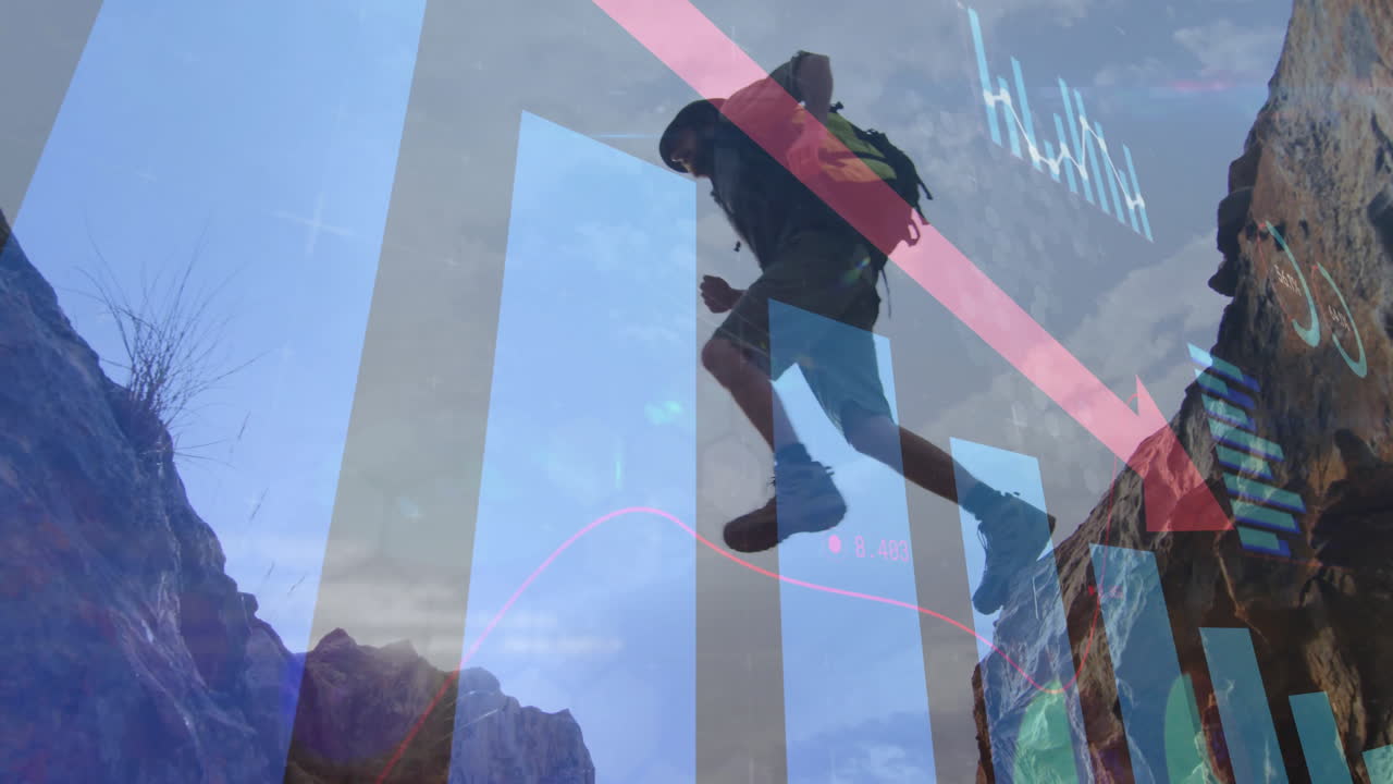 산에서 하이킹하는 백인 남성에 대한 금융 데이터 처리의 애니메이션