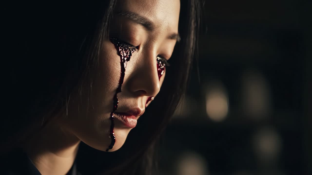 A sad Asian woman with tears