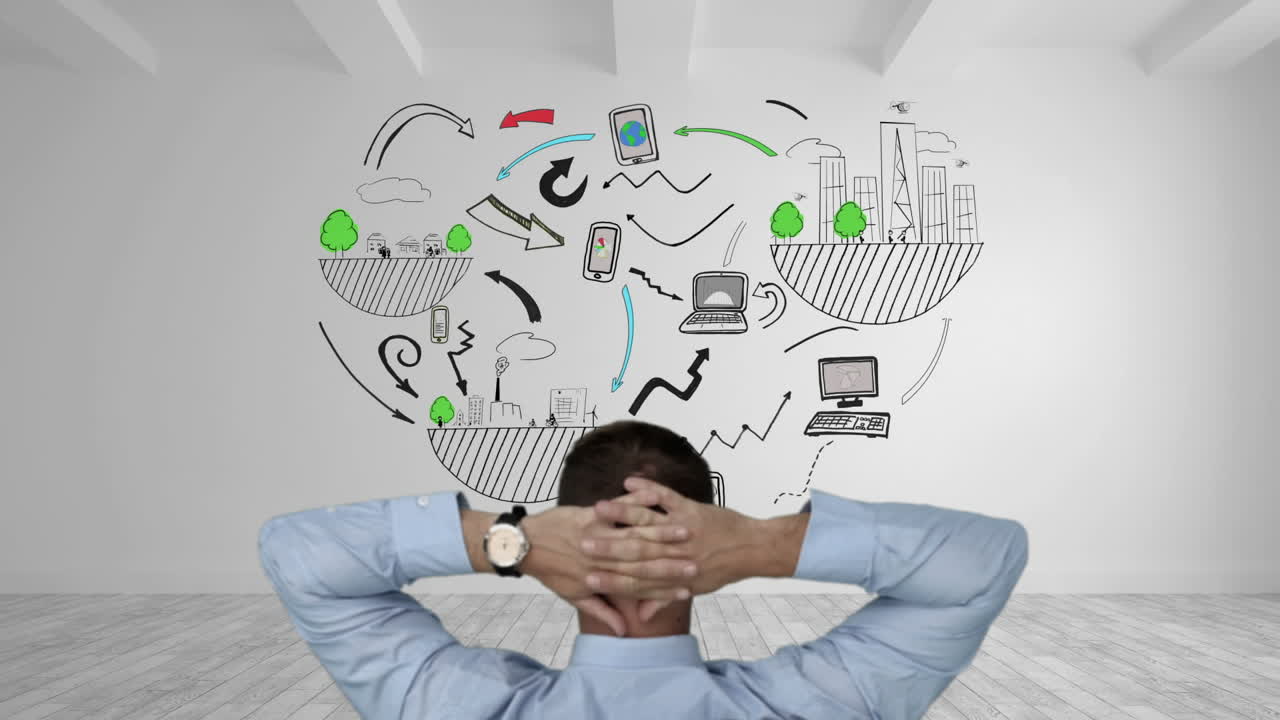 hombre de negocios viendo la tormenta de ideas de negocios aparecen