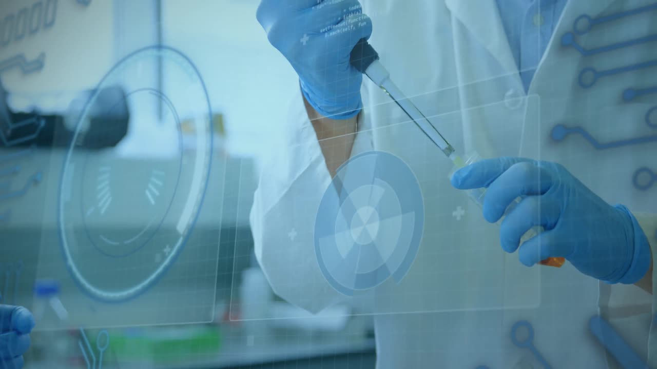 animazione dell'elaborazione dei dati e scansione della portata su scienziati caucasici che prendono campioni.