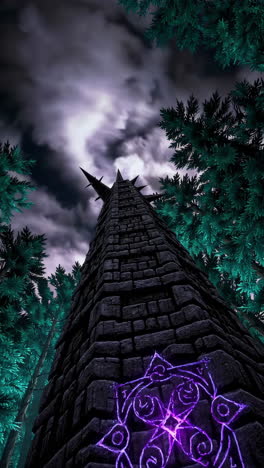 ancient tower in a dark forest at night