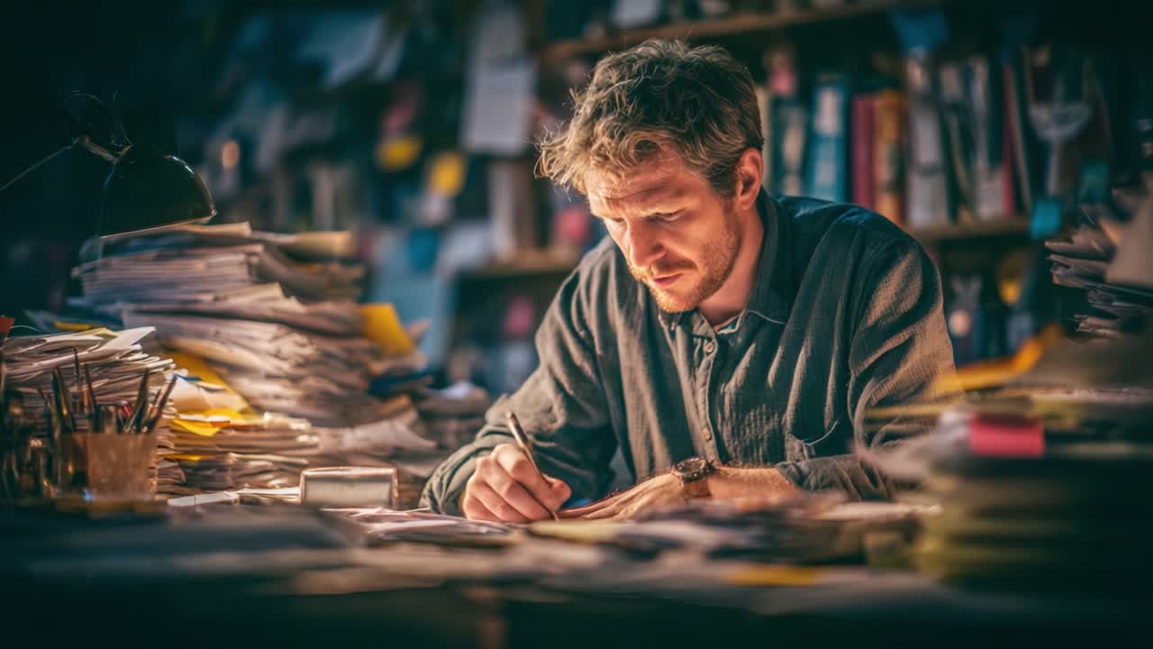 Umělec se soustředí na tvorbu: Cesta tvořením uprostřed chaosu v přeplněném studiu