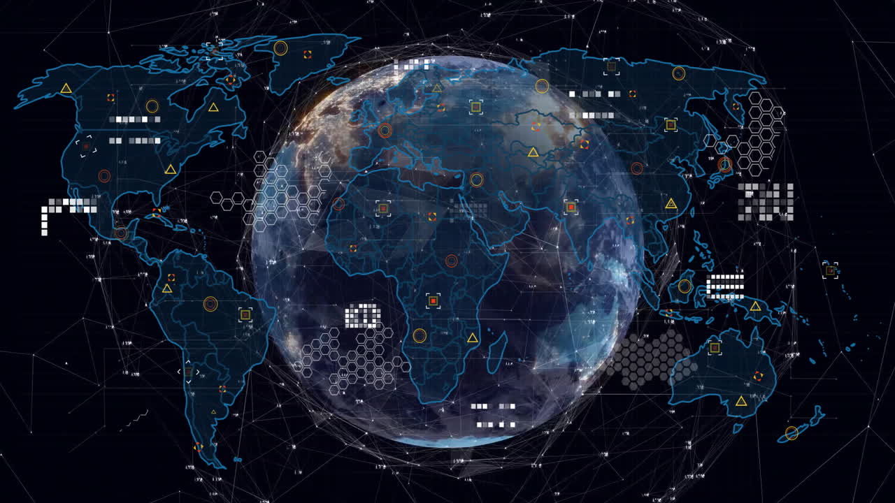 Animation of digital world map with data points and network connections around Earth