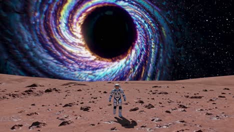 Astronaut exploring Martian landscape near a black hole