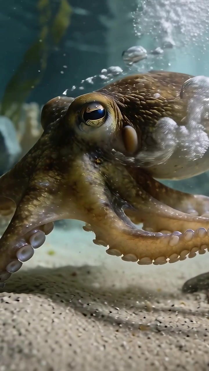 Video verticale: Polpo che reagisce alle bolle, sonda il fondo sabbioso dell'acquario mentre tiene una piccola roccia.
