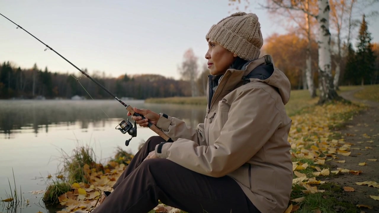Wanita Asia duduk menyesuaikan joran dan gulungan pancing di tepi danau dalam kabut fajar, mengenakan kupluk, sedang memancing.