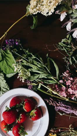 arrangement of fresh strawberries and dried flowers