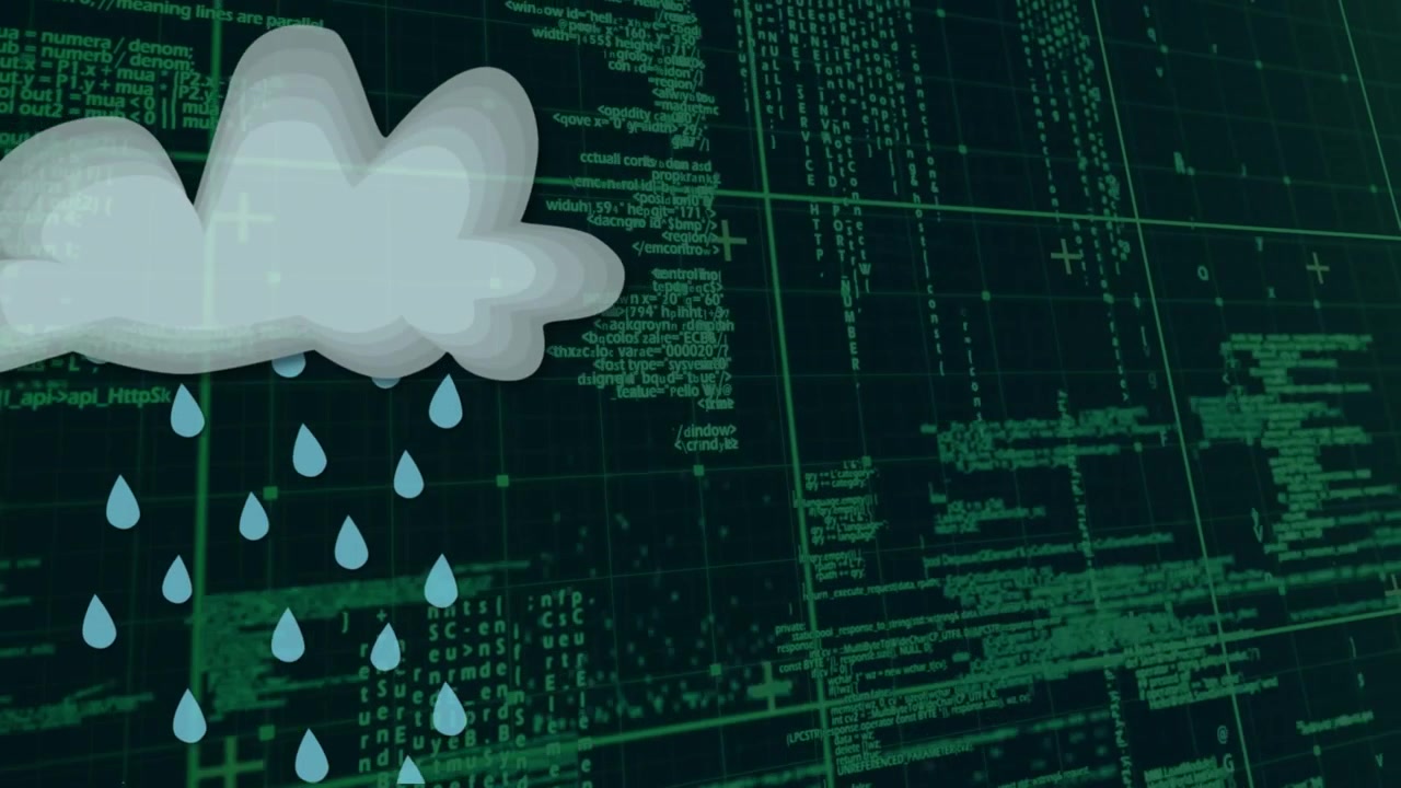 Animation of rainy cloud over data processing on black background