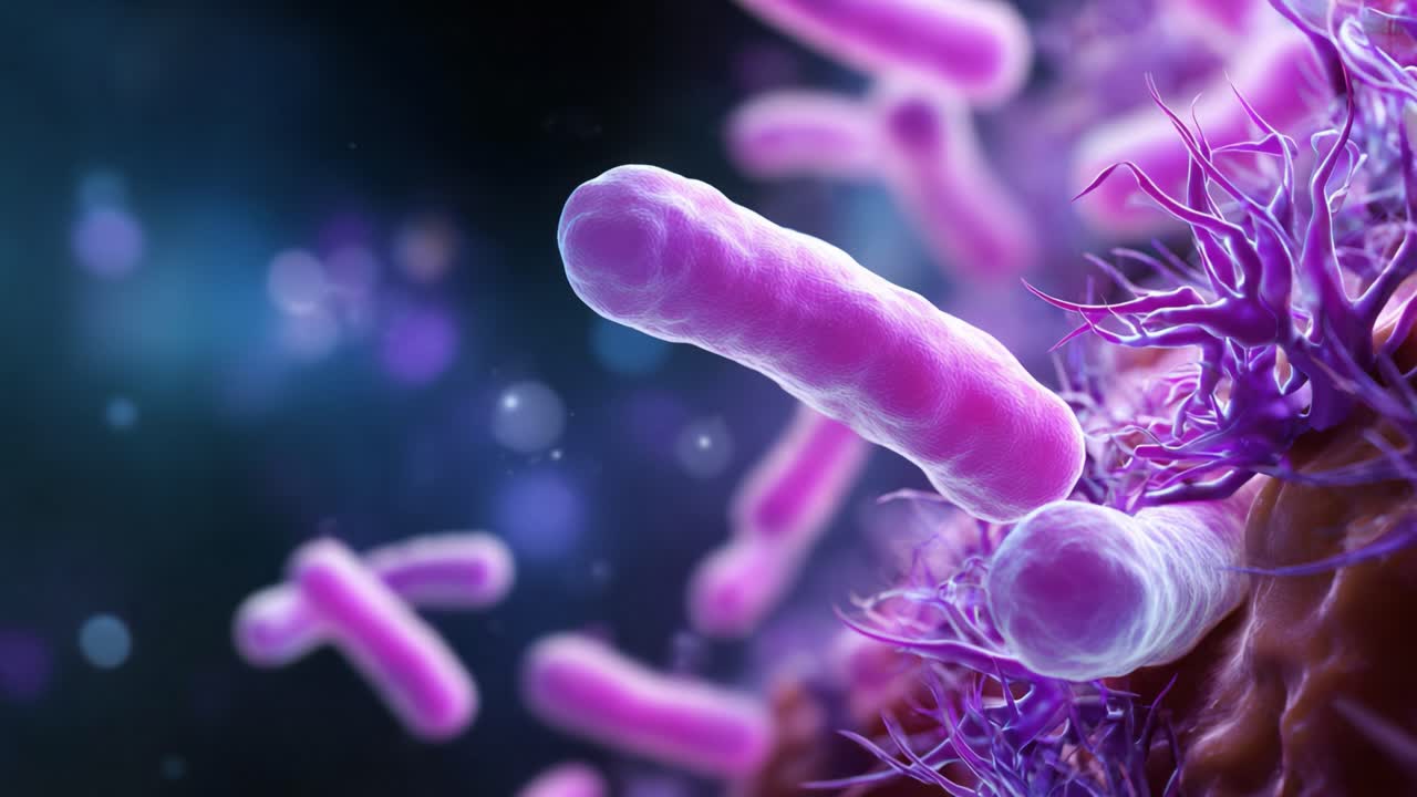 An Intricate Look at Microbial Life: Microscopic Bacteria in Vibrant Colors Interacting with Their Environment in a Fascinating Scientific Exploration