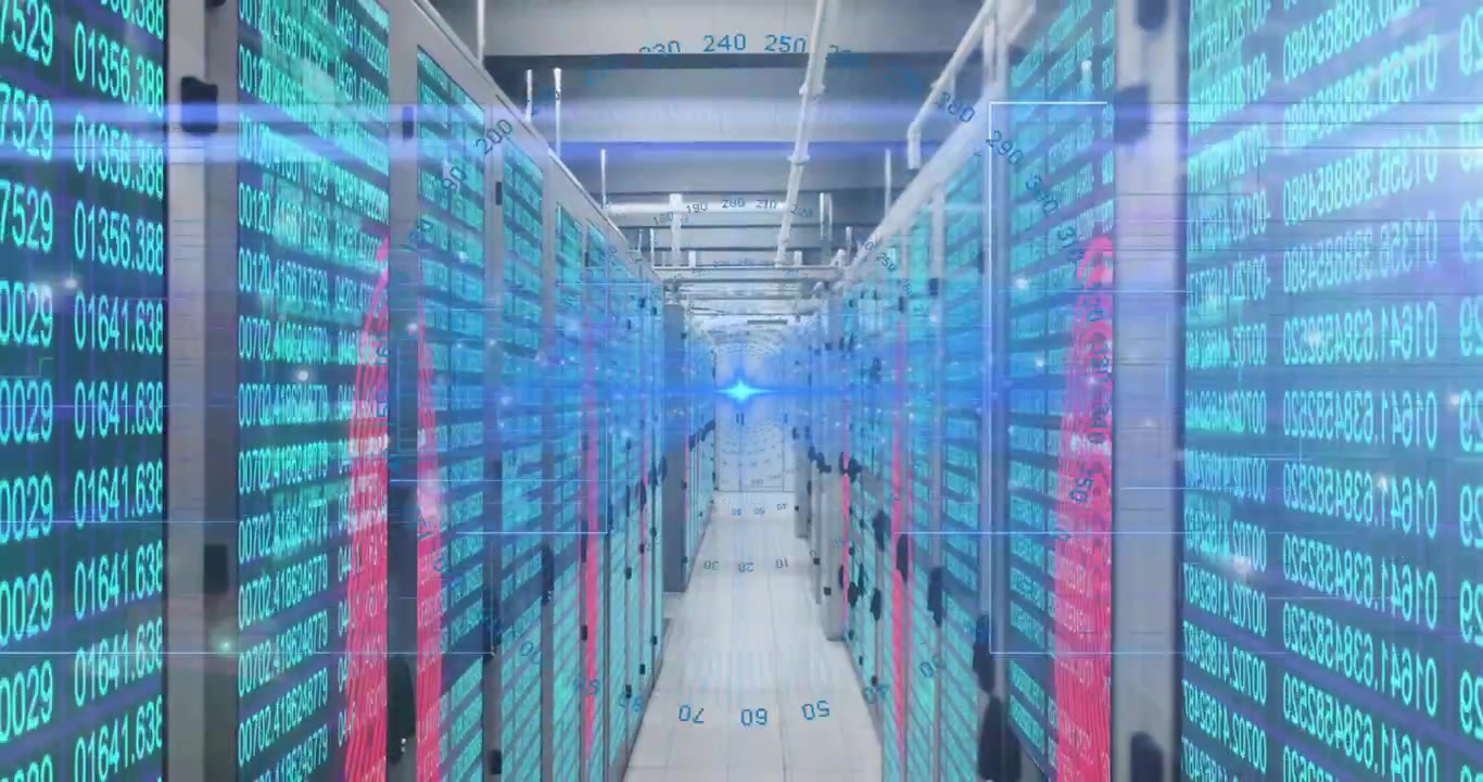 Server corridor starting binary code red spikes flashing and blue pulse surging, showing data burst