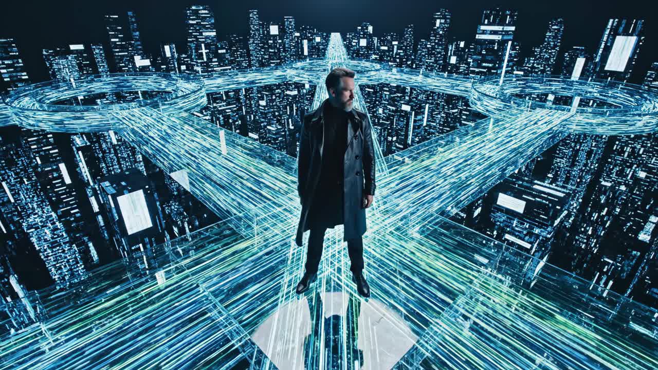 Man in Futuristic City with Digital Streams