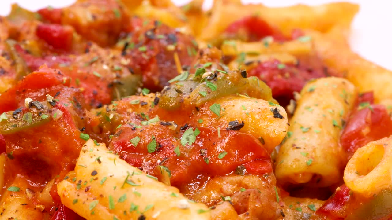 빨간 토마테 소스와 야채를 곁들인 마카로니 위에 향신료의 상세한 매크로 샷