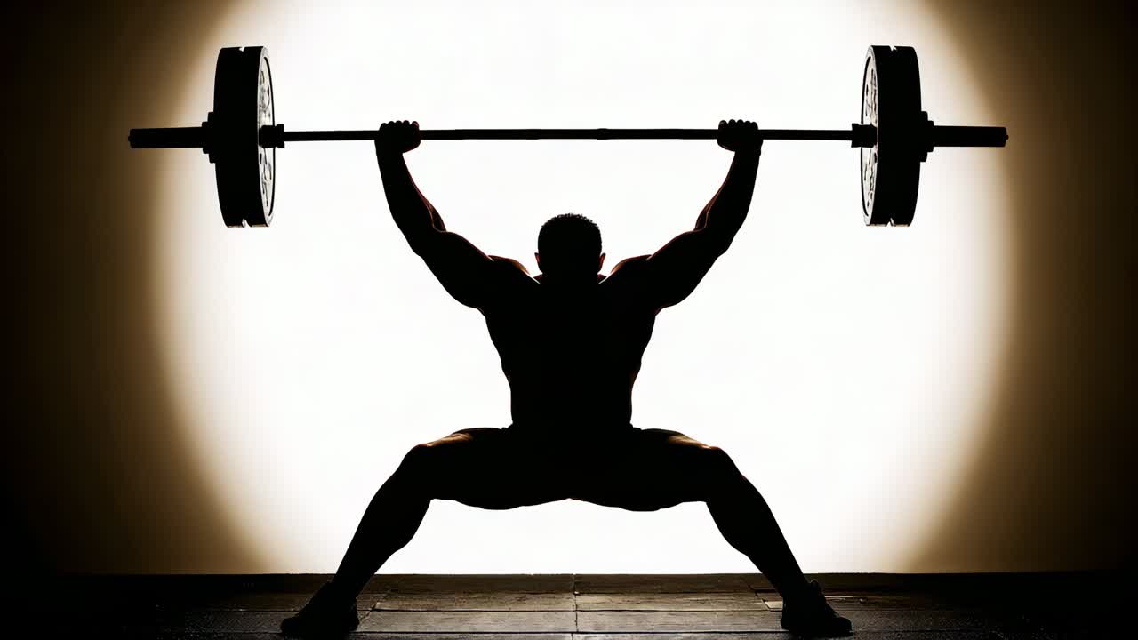 Reacting to spotlight, lifter in shorts stabilizing loaded barbell overhead for lockout in studio