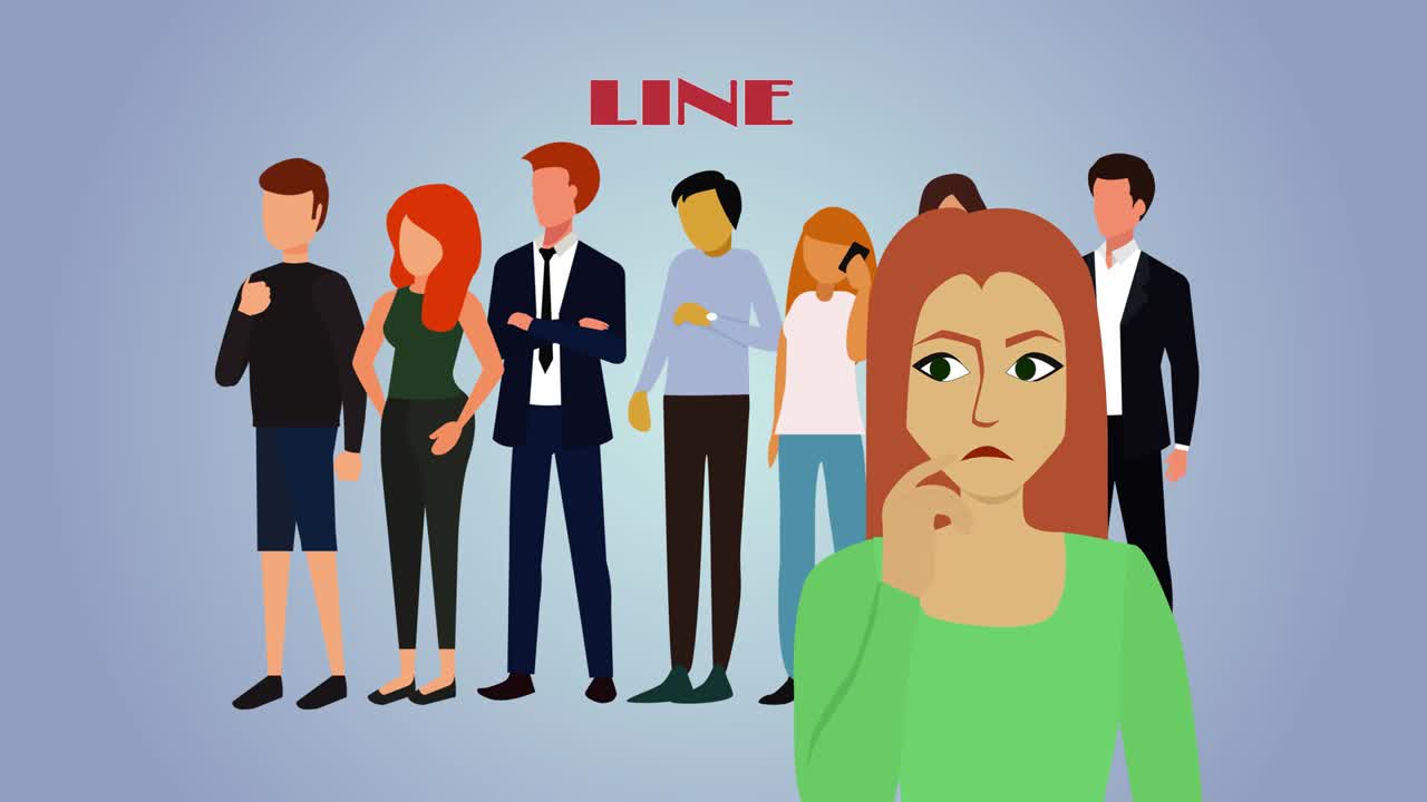 2d 애니메이션, 노선 앞에 서서 생각하는 성인 백인 여성의 클로즈업, 라인이 원으로 확대되고 어, 소녀가 미소 짓고, 온라인 구매, 멀리 쇼핑.