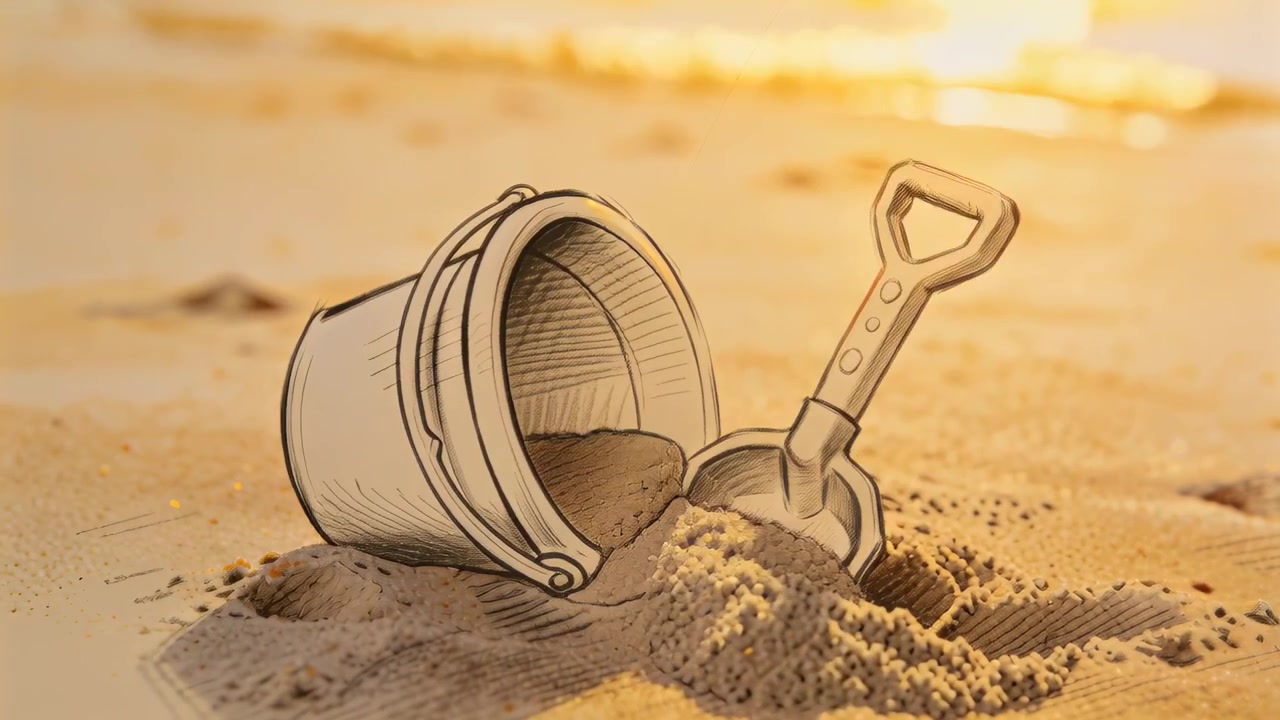 Lyfter en skissartad hink och spade, hinken tippar och häller sand på stranden, bildar en hög.