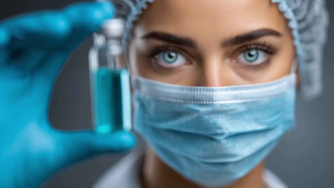 Macro dos olhos de uma cientista usando máscara médica e segurando um frasco com vacina líquida azul em laboratório