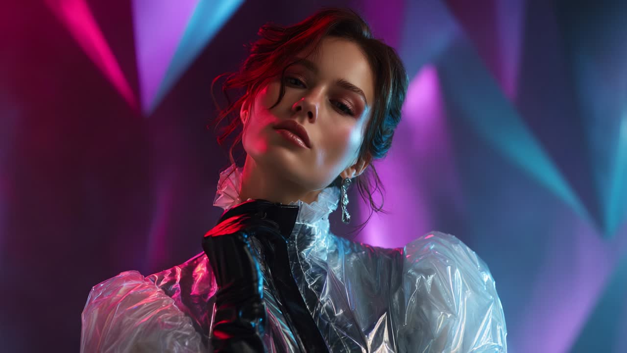 A captivating portrait of a fashion model showcasing a unique and stylish outfit, featuring a transparent oversized jacket with striking black gloves against a colorful geometric background that enhances her elegance