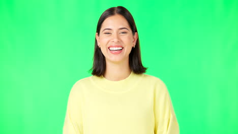 happy, laughing and the face of a woman on a green