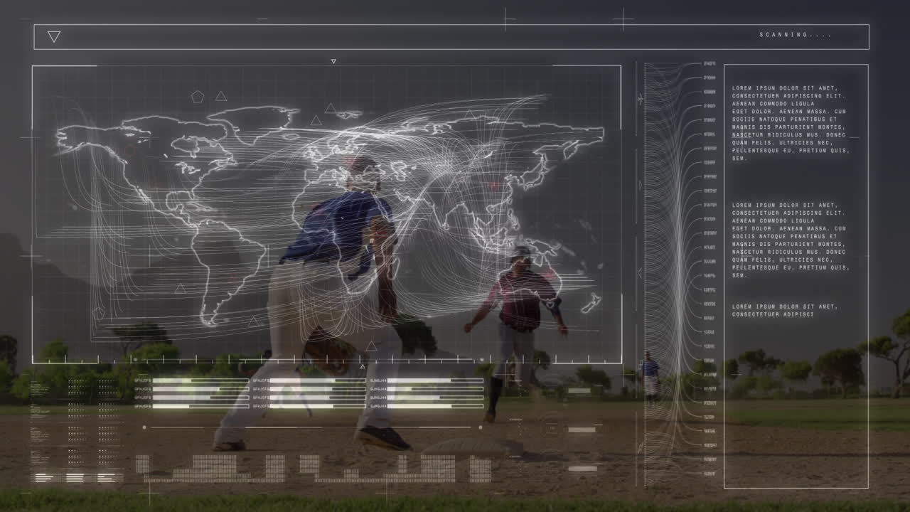 Baseball players running on field, featuring technology world map flow lines, numeric readouts
