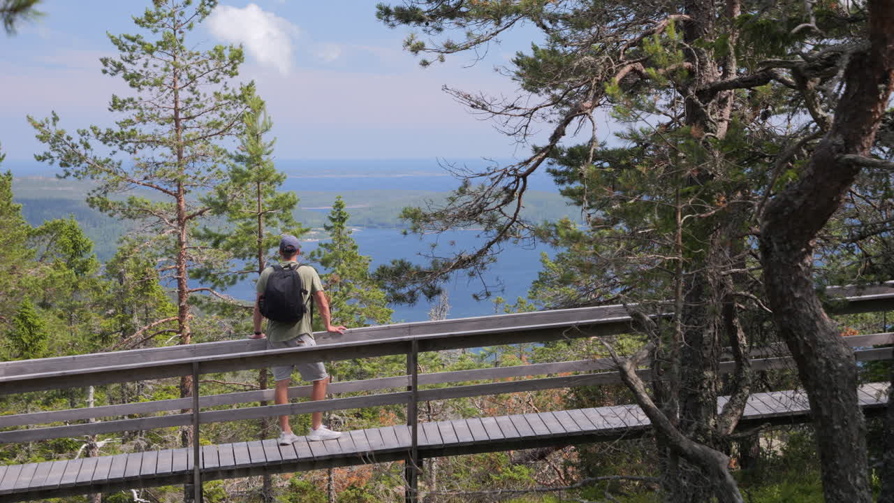 En vandringsmand går over en træbro og nyder udsigten over et nordisk panorama.