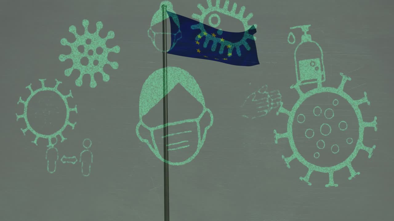 animación de células de virus y iconos de covid sobre la bandera de la unión europea